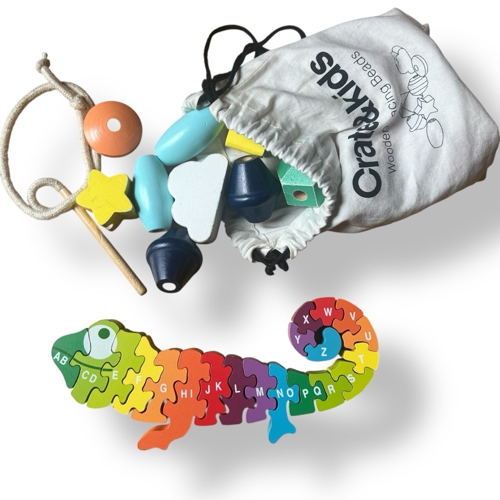 Crate & Barrel Wooden Learning Toys Set Chameleon and Thread and Bead Puzzle